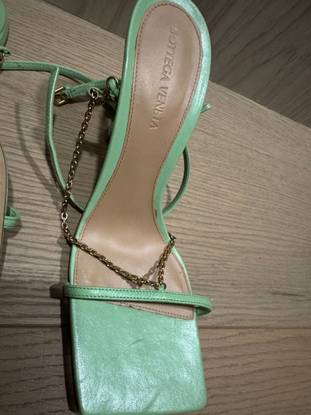 Bottega Veneta Pastel Green Square Toe Chain-Strap Heels - Picture 3 of 4